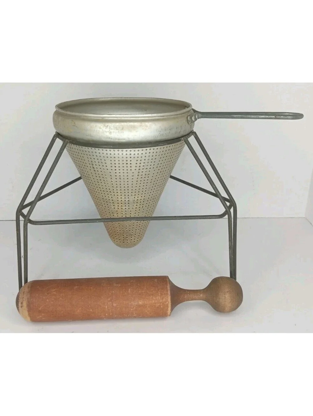 Vintage VIKO  Aluminum Cone Colander Sieve  w/Steel Rack and Pestle Canning